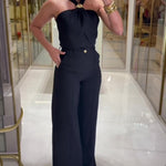 Women's 2 Piece Outfits Halter Neck Ruched Top and Wide Leg Pants Set Elegant Gold Decor Suits