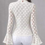 Women's Mock Neck Lace Top Frill Trim Flare Long Sleeve Blouse Jacquard Floral Knit Lined Elegant Top