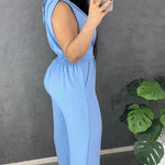 V Neck Lace-Up Waist Meatl Buckle Jumpsuit Casual Shirred Wide Leg Romper