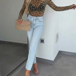 Women's Leopard Print Sheer Mesh Top Long Sleeve Crewneck Fitted Tee with Thumb Holes