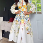 French Style Floral Print Stand Collar Lantern Sleeve Button Down Evening Dress Cinched Waist Vacation Dress with Belt