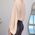 Women's Deep V Neck Lantern Long Sleeve Blouse Wrap Ruched Lace Spliced Loose Faux Two-Piece Chiffon Top