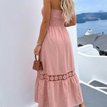 Women's Strapless Shirred Maxi Dress Lace Splice Tied Detail Frill Trim Sundress with Detachable Clear Straps