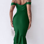 Women's Cold Shoulder Adjustable Pearls Straps Bodycon Dress Cowl Neck Asymmetrical Ruffle Hem Party Dress