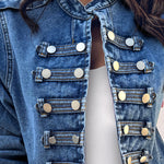 Button Decor Stand Collar Long Sleeve Jacket Casual Denim Coat