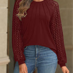 Contrast Lace Round Neck Lantern Sleeve Ruched Blouse Elegant Shirt