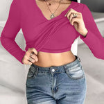 Chicme Built In Bra Notch Neck Long Sleeve Shirts Rib Knit Ruched Waist Top