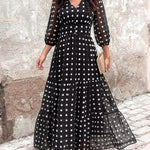 Women's Polka Dot Maxi Dress V Neck Lantern Sleeve Ruffle Hem Dress High Waist Button Up Chiffon Long Party Dress