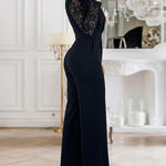 Women's Notched Lapel Jumpsuit Sheer Lace Long Sleeve Wide Leg Overalls Casual Evening Jumpsuit