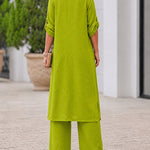 Women's 2 Piece Outfit Lapel Button Down Side Slit Longline Top and High Waisted Straight Leg Pants Set