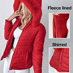 Zipper Pocket Design Shirred Fuzzy Trim Fleece Lined Hooded Puffer Jacket