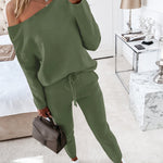 2 Pieces Outfit Long Sleeve Skew Neck Pullover Top and Drawstring Elastic Waist Slim Fit Pants Set