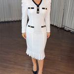 Button Decor Contrast Paneled V-Neck Puff Sleeve Zipper Back Commuting Dress Pockets Design Pleated Hem Tweed Dress