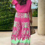 CHICME Women's 2 Piece Set Skew Neck Drawstring Top and High Waisted Wide Leg Tropical Print Pants with Pockets