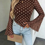 Women's Polka Dot Mesh Top Flare Long Sleeve Boat Neck Lined Asymmetric Frill Hem Blouse Vintage Party Shirt