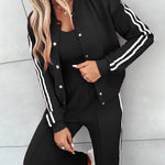 3 Pieces Outfit Snap Buttons Front Coat and Elastic Waist Seam Front Stretchy Cuffs Pants Set with Tank Top Casual Contrast Side Striped Tracksuit