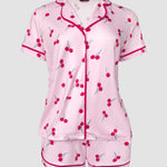 2 Pieces Outfit Notched Collar Short Sleeve Button Front Top and Elastic Waist Shorts Set Casual Cherry Print Contrast Piping Pajamas Set