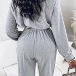 Turn-down Collar Overlap V-Neck Drawstring Stretchy Waist Jumpsuit Casual Flap Pockets Design Jumpsuit
