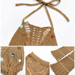 2 Pieces Round Sequin Knitted Halter Sleeveless Crop Top and Casual Strechy Waist Wide Leg Knit Pants Set