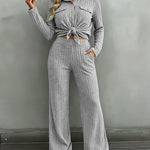 Women's 2 Piece Ribbed Knit Outfits Button Down Top and Straight Leg Pants Set Casual Loungewear Matching Tracksuit