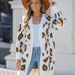 Women's Leopard Pattern Open Front Mid-length Knit Cardigan Sweater Coat