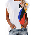 Women's Parrot Graphic Tee Loose Crewneck Cuffed Cap Sleeve T-Shirt Casual Top