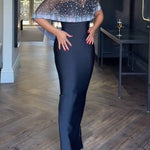 2 Pieces Outfit Detachable & Adjustable Spaghetti Straps Zipper Back Slit Slim Fit Maxi Dress and Rhinestone & Pearls Decor High Neck Zipper Back Sheer Mesh Poncho Cape