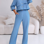 2 Pieces Outfit Turn-down Collar Turn-Up Sleeves Button Front Flap Pockets Design Top and Causal Zipper Fly Elastic Back Waist Wide Leg Pants Set