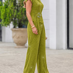 Women's Rhinestone Textured 2 Piece Outfits Mock Neck Cap Sleeve Ruched Top and Wide Leg Pants Set Casual Work Suit