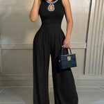 Rhinestone Decor O-neck Sleeveless Pleated Overalls Elegant Cinched Waist Zipper Back Wide Leg Jumpsuit with Hollow Water Drop