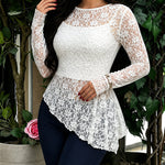 Women's 2 Piece Outfit Sheer Floral Lace Asymmetrical Hem Long Sleeve Top with Cami Top