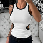 Women's Ribbed Contrast Trim Tank Top Sleeveless Crew Neck Cutout Slim Fit Stretch Casual Top