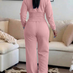 2 Pieces Outfit O-neck Long Sleeve Cinched Waist Sweatshirt and Elastic Waist Wide Leg Pants Set Casual Seam Design Sweatpants Set