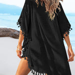 Women's Front & Back Reversible Beach Cover Up Crochet Lace Hollow Out Spliced Tassel Vacation Caftan Dress