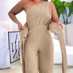 One Shoulder Sleeveless Ruched Cinched Waist Zipper Side Overalls Tied Detail Elastic Waist Wide Leg Jumpsuit