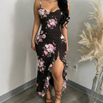 Women's Floral Cowl Neck Cami Midi Dress Casual Rhinestone Mesh Vacation Dress Slit Ruffle Hem Sundress