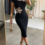 Women's Contrast Cutout Flower Midi Dress Cap Sleeve Bodycon Dress Elegant Party Dress