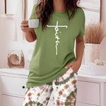 2 Pieces Outfit Faith Letter Print Short Sleeve Top and Tie Dye Print Elastic Waist Pants Set Casual Pajamas Set