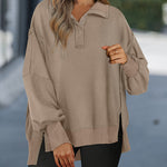Half Snap Button Front Drop Shoulder Batwing Sleeve Sweatshirt Loose Fit Side Slit High-Low Hem Casual Top