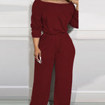 Off Shoulder V Back Elastic Waist Pockets Design Jumpsuit Casual Drop Shoulder Cinched Waist Wide Leg Jumpsuit