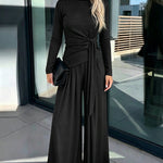 Women's 2 Piece Knit Lounge Set Long Sleeve Tie Waist Top and High Waisted Wide Leg Pants Casual Soft Sweatsuit with Pockets