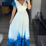 Abstract Placement Print Overlap Deep V-Neck Ruffles Sleeve Pleated Maxi Dress Elegant Zipper Back Cinched Waist Vacation Dress with Belt