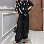 Women's 3 Piece Outfits Polka Dot Skew Neck Cape Top and Sheer Lantern Pants Set with Camisole Liner Party Clubwear