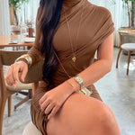 Women's Mock Neck Ruched Asymmetric Bodycon Dress One Long Sleeve Sexy Party Mini Dress