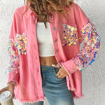 Contrast Sequin Long Sleeve Jacket Top Button Front Raw Hem Loose Fit Shacket