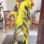 2 Pieces Outfit Plants Print Cold Shoulder Batwing Sleeve Top and Casual Wide Leg Pants Set