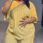 Women's Striped 2 Piece Outfits V Neck Short Sleeve Drawstring Top and Wide Leg Pants Set with Pockets