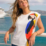 Women's Parrot Graphic Tee Loose Crewneck Cuffed Cap Sleeve T-Shirt Casual Top