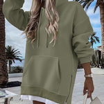 Long Sleeve Kangaroo Pocket Design Zipper Side Pullover Sweatshirt Casual Faux Two Piece Side Slit Longline Drawstring Hoodie Top