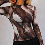 Women's Sheer Mesh Tie Dye Print Mock Neck Frill Trim Long Sleeve Top